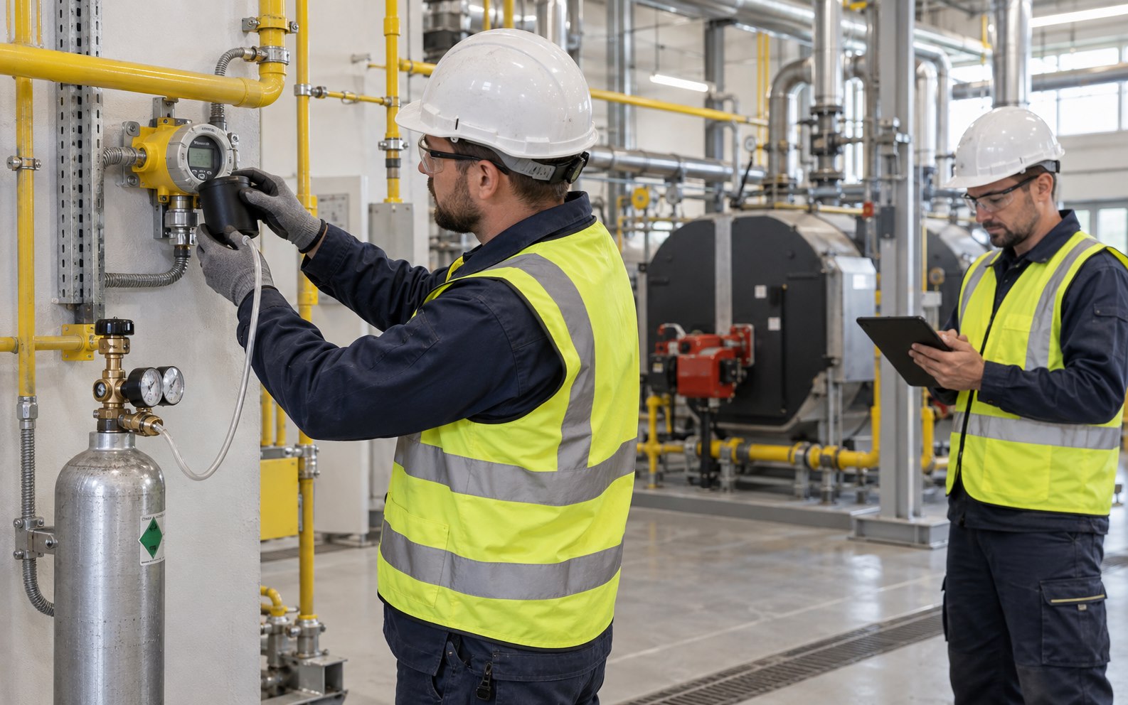 Technik sprawdzający reakcję detektora gazu podczas kalibracji