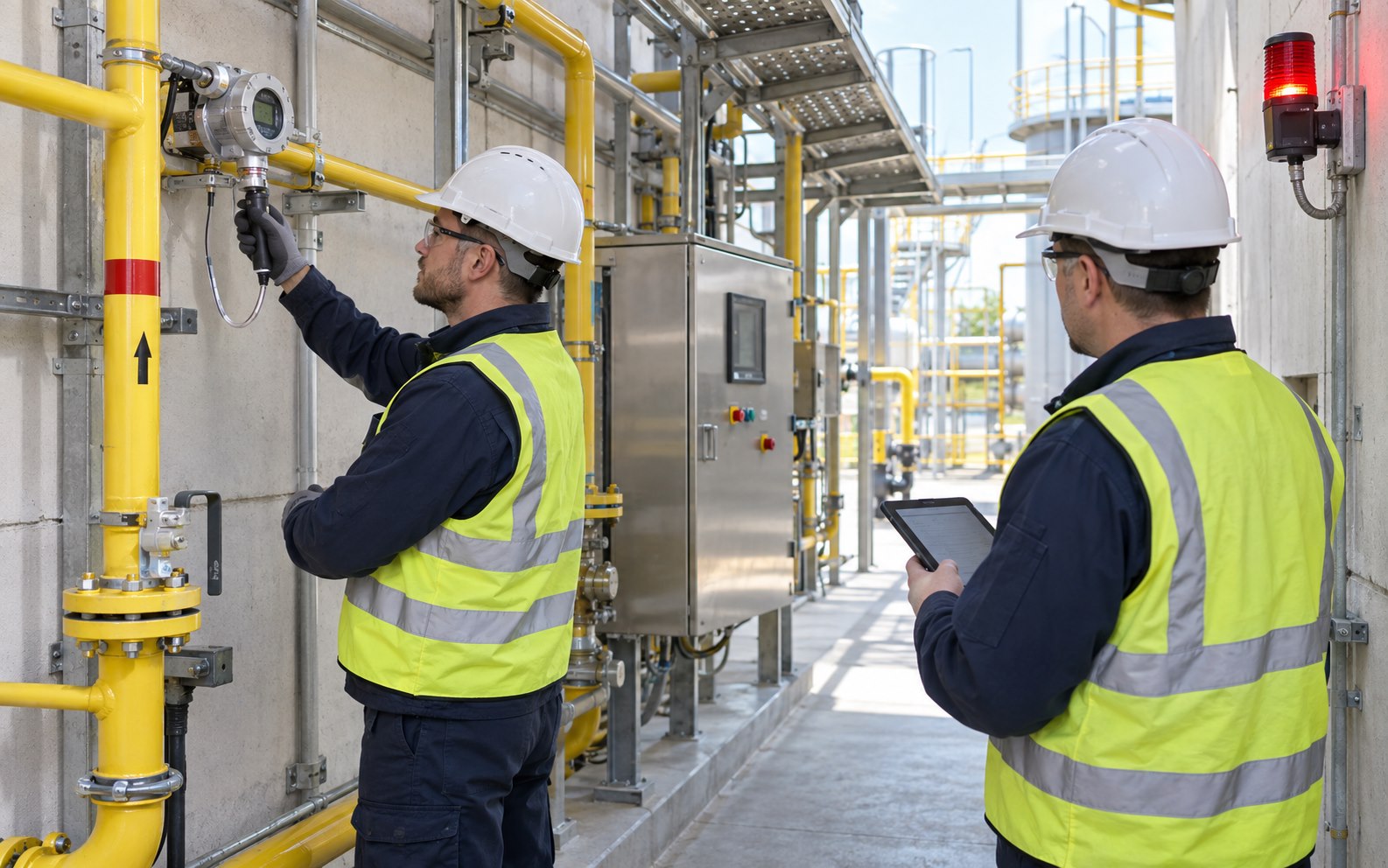 Technik wykonujący przegląd systemu detekcji gazu w obiekcie