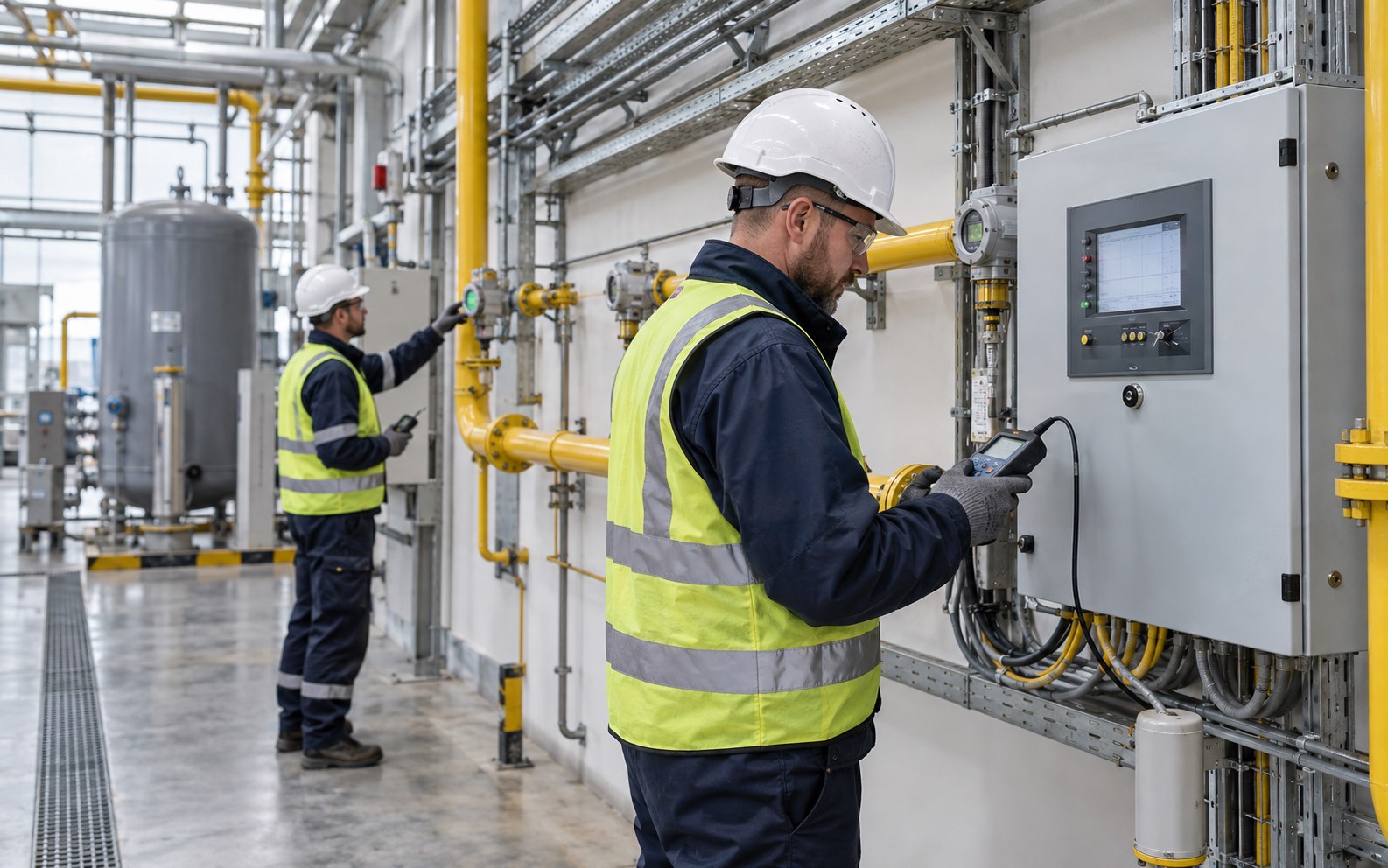 Technik podczas diagnostyki systemu detekcji gazu w obiekcie przemysłowym
